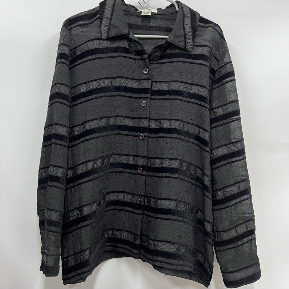 PL Striped Black Gray Button-Up Shirt sheer burnout